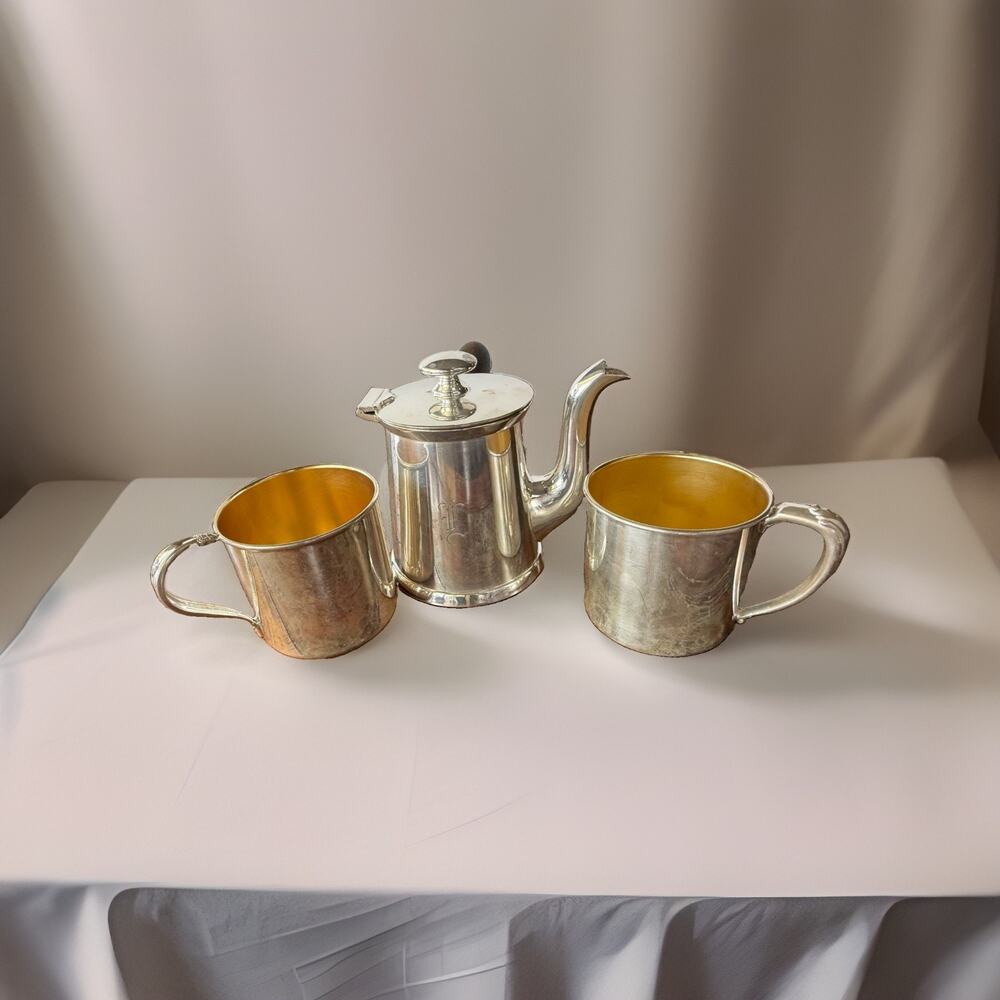 Vintage Wilcox Silver Plate Coffee Pot Wm Rogers Gold Wash Cups 3 Piece Set